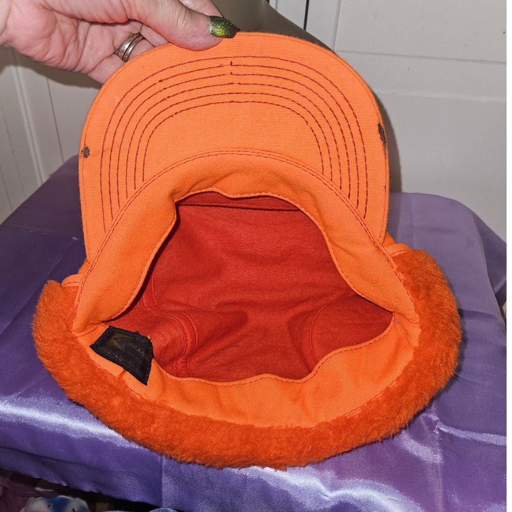 Vintage K-Brand Caterpillar Wyoming Machinery Co Orange Hunting Ear Flap Hat USA - Picture 3 of 5